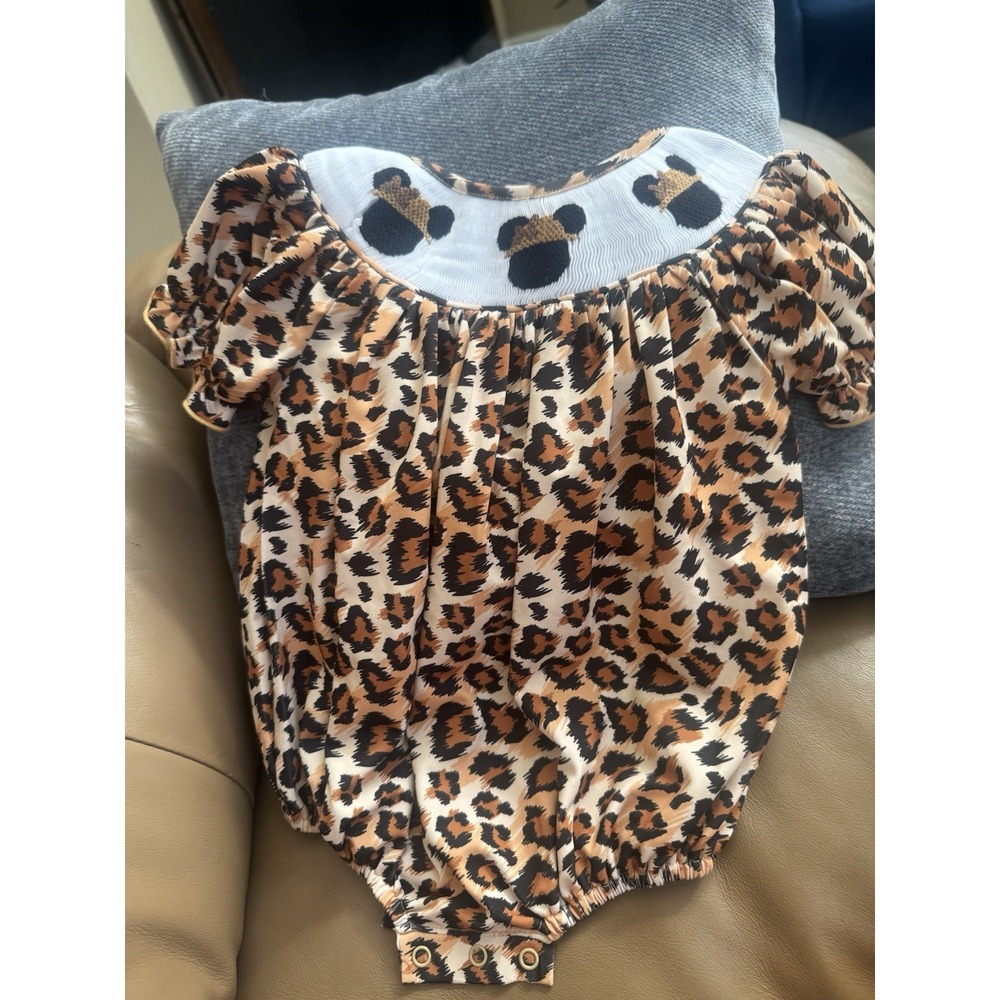 The Smocked Flamingo Baby Girls Leopard Print Safari Mouse Bubble 9M One Piece